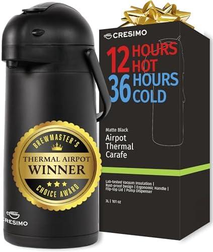 Airpot Coffee Dispenser With Pump, Black - 12 Hours Hot Water Dispenser with Pump, 36 Hours Cold - Coffee Thermal Carafe for Hot Drinks, Tea Flask for Beverages -Large Carafe w/ One-Handed Dispensing