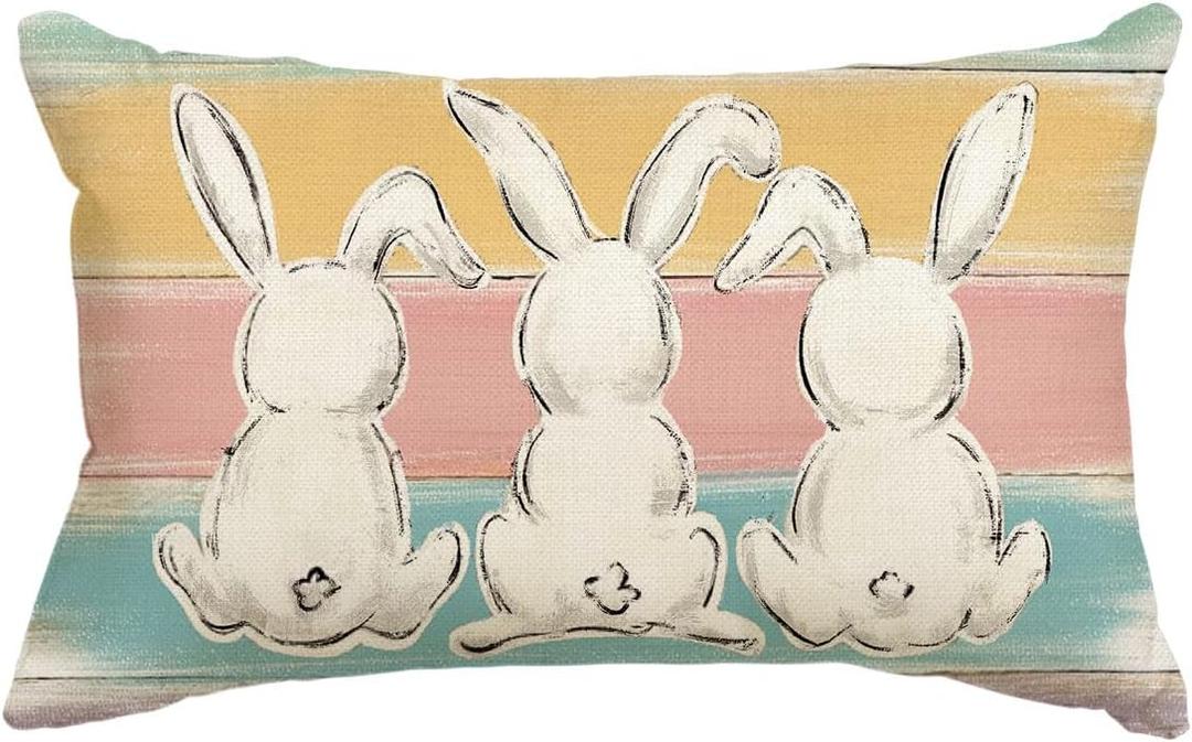 AVOIN colorlife Watercolor Stripes Bunny Easter Throw Pillow Cover, 12 x 20 Inch Rabbit Holiday Cushion Case Decoration for Sofa Couch