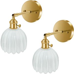 Wall Sconces, Tulip-Shaped Glass Shade, Modern Wall Lamp, with Knob Switch, for Home Bedroom Doorway Decoration (White Glass + Brass Finish, 2-Pack Hardwired)