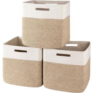 OIAHOMY 13 Inch Cube Storage Bins, 3-Pack Cotton Rope Woven Baskets for Organizing, Insert Storage Baskets for Shelves, Baby Nursery, Closet Organizer, 13 * 13 * 12.6IN, Brown & White
