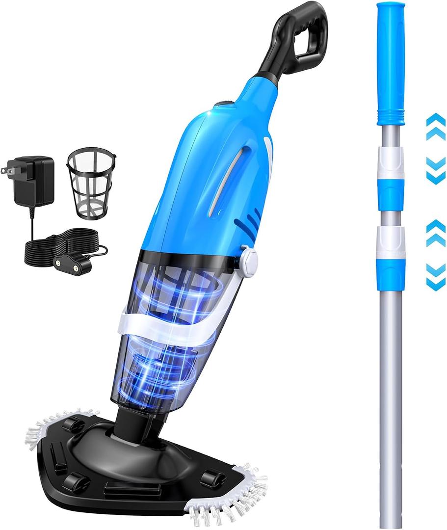 Pool Vacuum for Above Ground Pool with a Telescopic Pole, 80Mins Runtime, Handheld Rechargeable Pool Cleaner with 18.5 Gallons/min Powerful Suction for Above Ground/Inground Pools, Hot Tubs, Spas