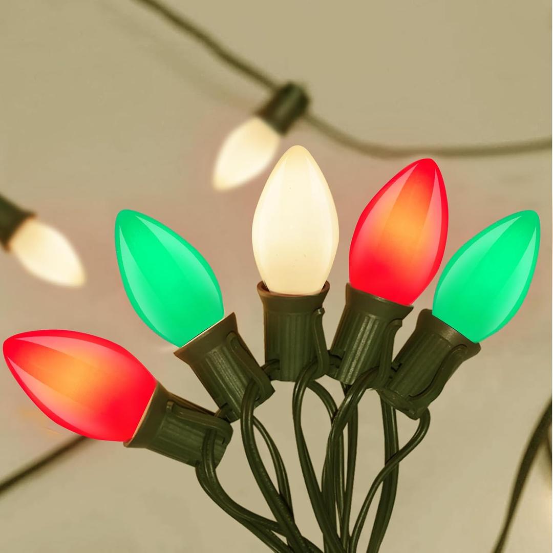 C7 Christmas String Lights, 25Ft Outdoor Decorations With 27 LED Red White and Green Shatterproof Bulbs, Hanging Patio Lights for Tree Backyard Holiday Party Decor