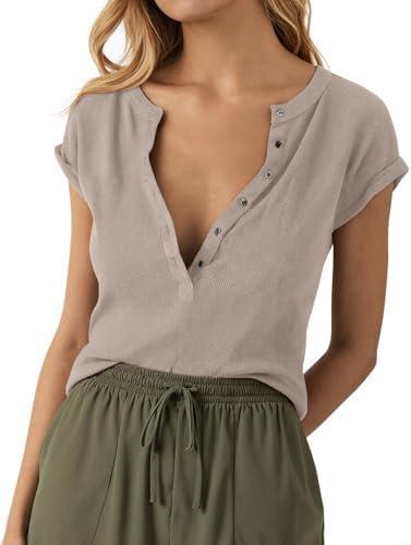 Tankaneo Women Deep V Neck Low Cut Tops Casual Ribbed Knit Henley T-Shirts Summer Short Sleeve Tees S