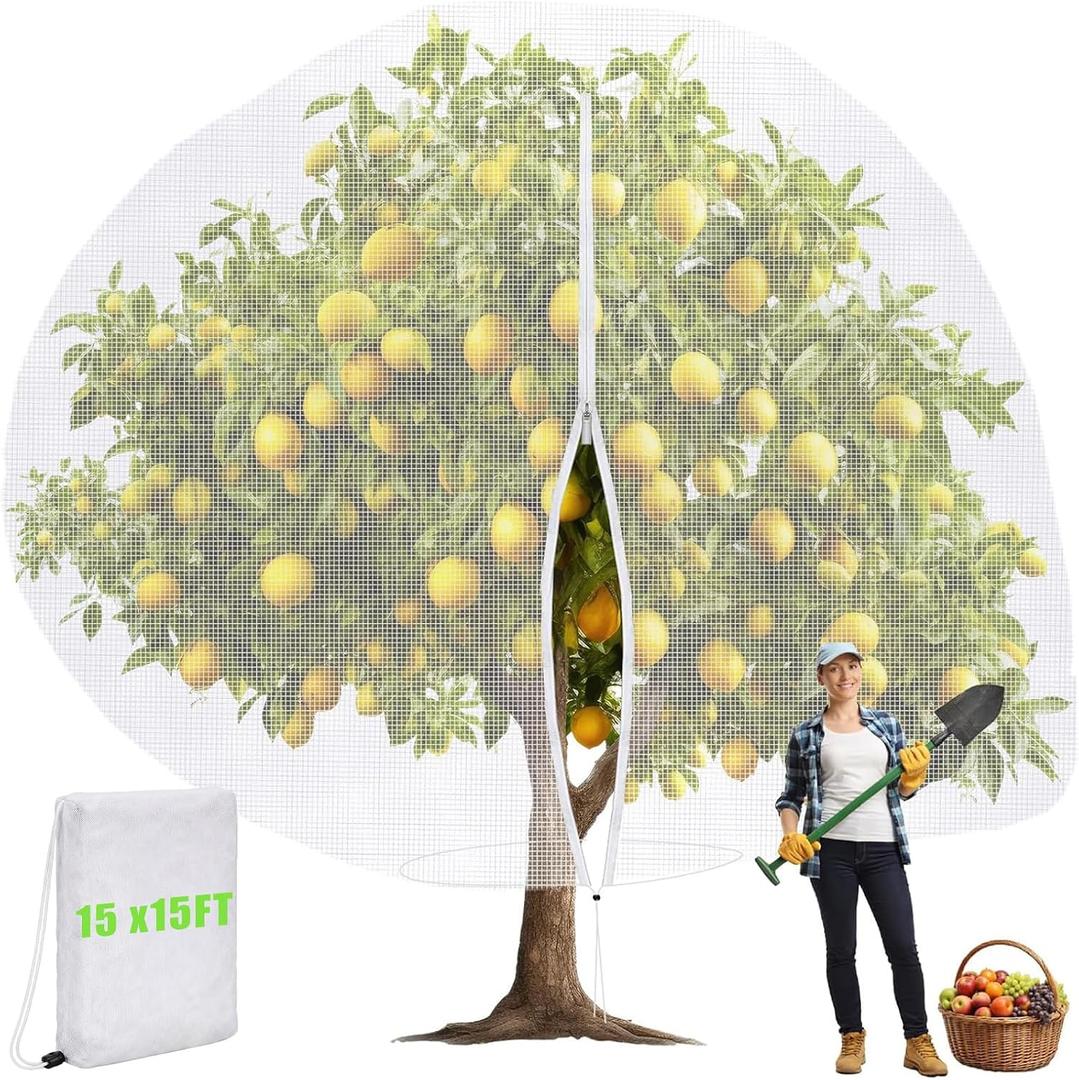 15 x 15 ft Large Fruit Tree Netting for Protecting Fruit from Squirrels Birds Bug Deer & Rat Garden Mesh Netting with Zipper and Drawstring Heavy Duty Tree Covers for Garden Bushes