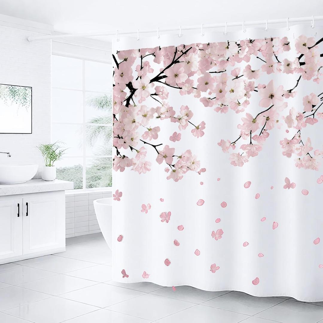 Cherry Blossom Shower Curtains for Bathroom, Watercolor Floral Shower Curtain Sets Waterproof Plant Shower Curtain Bathroom Curtains Set 72x72 inch with Hooks (Hazy Pink, 72" W x 72" L)