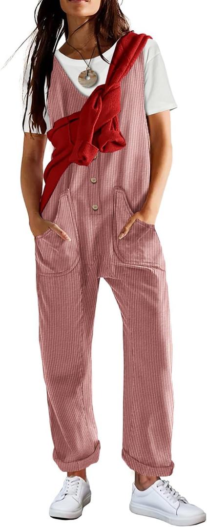 YESNO Corduroy Overalls for Women Casual Scoop Neck Harem Jumpsuits Adjustable Straps Tapered Rompers with Pockets PCS (S, Pink)