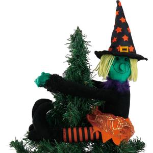 Halloween Decorations Witch Tree Topper,Black and Orange Tree Hanging Ornaments,Fall Curtain Tie and Wine Bottle Hugger, Plush Cute Dolls Festive Table Decor