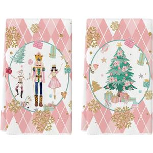 Artoid Mode Pink Nutcrackers Tree Christmas Kitchen Towels Dish Towels, 18x26 Inch Seasonal Winter Xmas Decoration Hand Towels Set of 2