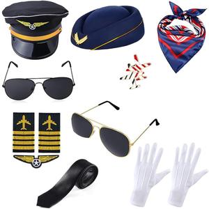 8PCS Airline Pilot Captain Hat Costume Kit with Sunglasses Badge Tie Gloves for Halloween Dress Up Accessories (Black)