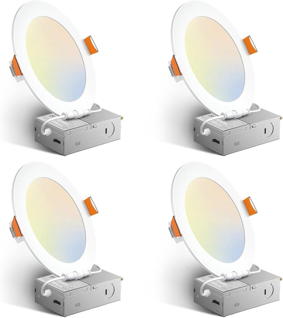 Amico 4 Pack 6 Inch 5CCT Ultra-Thin LED Recessed Ceiling Light with Junction Box, 2700K/3000K/3500K/4000K/5000K Selectable, 12W Eqv 110W 1050LM Brightness Dimmable Canless Wafer Downlight, ETL & FCC (White) Amico 4 Pack 6 Inch 5CCT Ultra-Thin LED Recessed Ceiling Light with Junction Box, 2700K/3000K/3500K/4000K/5000K Selectable, 12W Eqv 110W 1050LM Brightness Dimmable Canless Wafer Downlight, ETL & FCC (White)