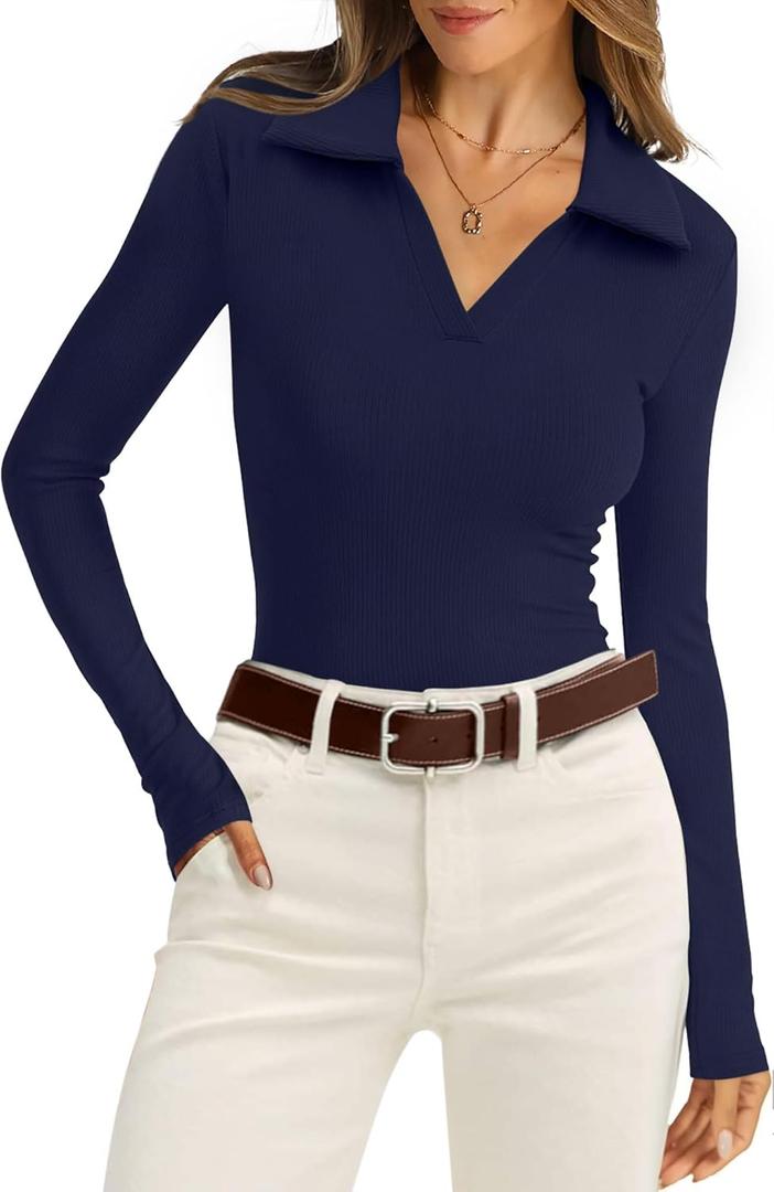 WIHOLL Womens Polo Shirts Long Sleeve Business Casual Tops Collared V Neck Ribbed Knit Sweater Slim Fit Blouses (Medium)