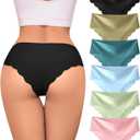 Sexy Seamless Underwear Wave Edge No Show Bikini Panties V-waist Ice Silk Hipster Lady Cheeky Invisibles Briefs 6 Pack (Medium)