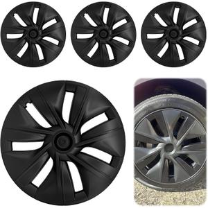 Tesla Model Y Wheel Covers 20202024, Full Fit Hubcaps with Left-Right Aero Symmetry, Matte Black ABS+PC, Reduced Wind Drag, Snap-On Install, Includes Tire Repair Kit (19 Inch 7-Spoke)