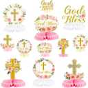 ANGOLIO 12Pcs Floral God Bless Decorations First Communion Honeycomb Centerpiece Double Sided Table Toppers for Baby Girl Baptism Party Decor Christening Celebration Religious Photo Props Decor Girls