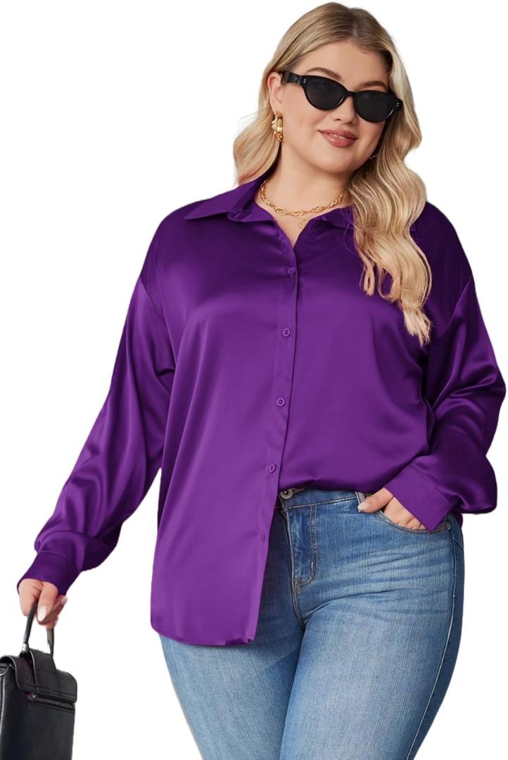 IN'VOLAND Womens Plus Size Satin Blouse Button Down Shirts Casual V Neck Long Sleeve Office Work Tops 24W Bright Purple