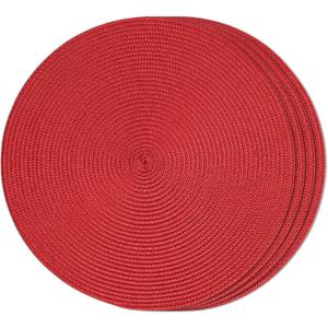 FunWheat Round Braided Placemats Set of 4 Table Mats for Dining Tables Woven Washable Non-Slip Place mats 15inch (Red, 4pcs)