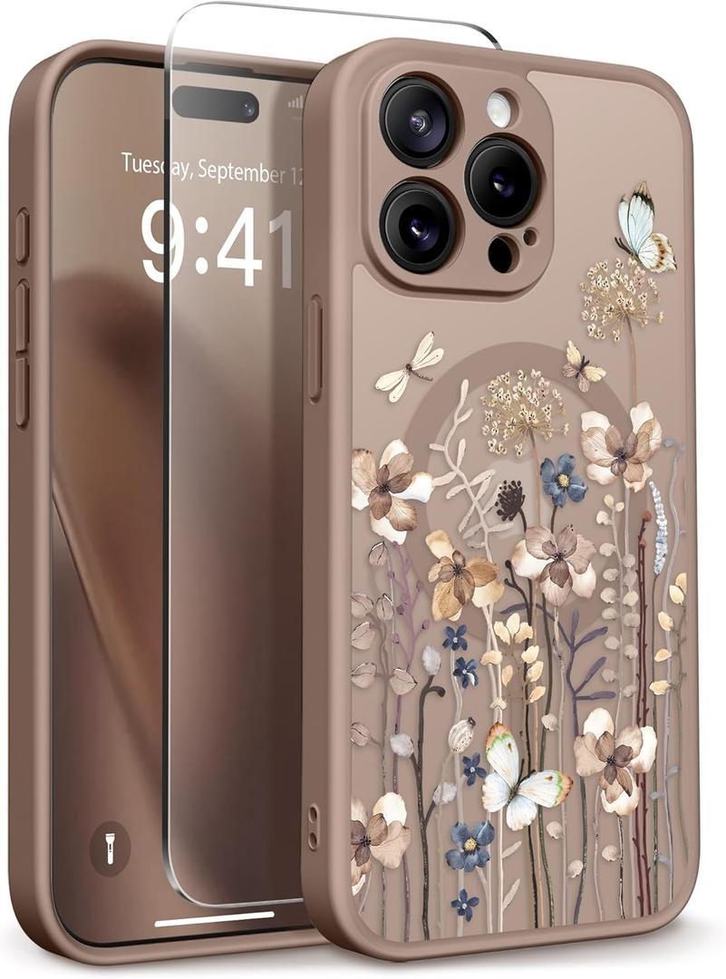 GVIEWIN for iPhone 15 Pro Max Case Compatible with MagSafe, [Military Grade Protection] [Screen Protector] Full Camera Protection Floral Translucent Women Magnetic Phone Case, Autumnflit/Brown