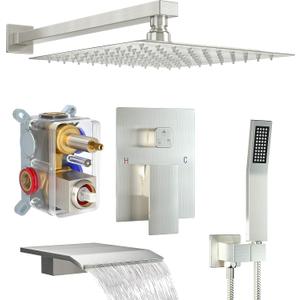 Shower System with Tub Spout, 12-Inch High-Pressure Rain Showerhead and Handheld Combo, Brushed Nickel Shower Faucet Set with Rough-in Valve and Trim, Wall Mounted 3-Way Shower Set