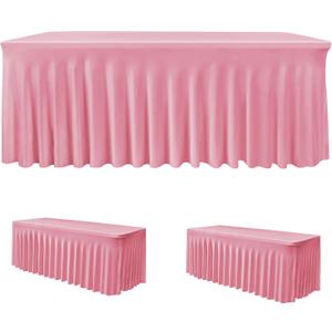 2 Pack Spandex Table Skirts for 6 ft Folding Table, Stretch Rectangle Tablecloth for Wedding, Banquets, Parties, Pink, 29x90 Inch 