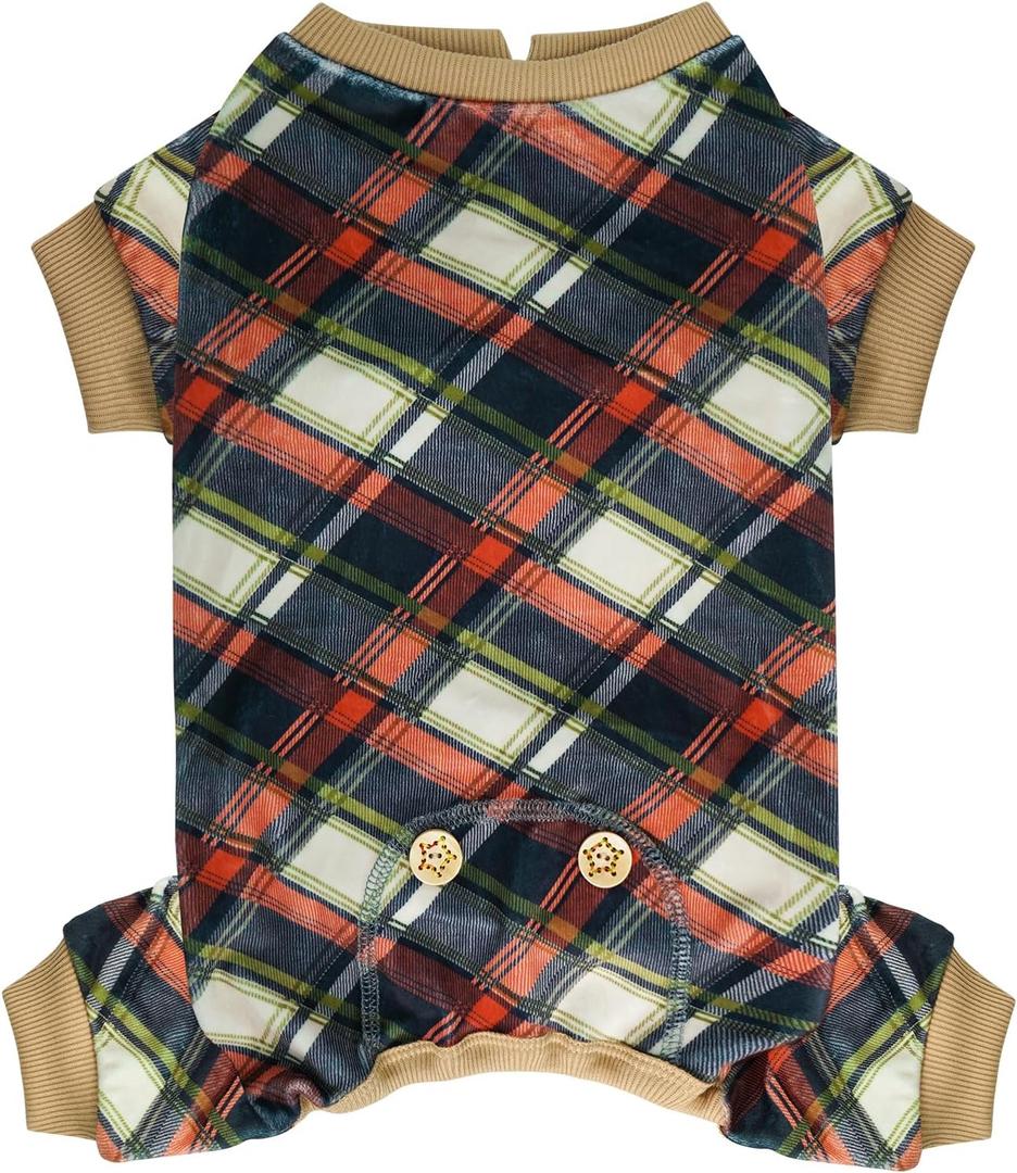 KYEESE Dog Pajamas Soft Coat Velvet Doggie Jammies Lightweight Pjs Comfy Pet Clothes Plaid Dog Pajamas for Small Dogs Boy Girl Stretchy Onesie, Khaki, Small (Small (7-9lbs))