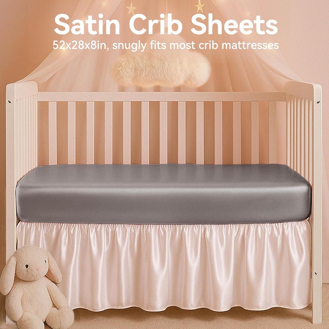 Pro Goleem 2 Pack Satin Soft Crib Sheet Great for Baby with Sensitive Hair Silky Baby Sheet White and Gray Unisex 52x28x8 Fitted Sheets