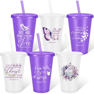 Havawish 12 Pcs Mother's Day Christian Gifts Bulk for Women Church Group 16 oz Butterfly Plastic Cups Religious Bible Tumbler with Lid and Straw Women Mom Teacher Coworker Church Gifts (Purple,White)