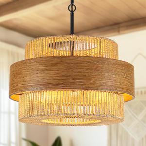 5 Lights Hand Woven Boho Rattan Drum Chandelier, 19.68" Large Round Rustic Coastal Farmhouse Chandelier Adjustable Hanging Pendant Light For Dining Room Kitchen Island Living Room Bedroom Hallway