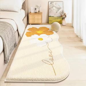 Soft Bedside Rugs for Living Bedroom,Kid & Pet Friendly 2X6 Ft Machine Washable Non Slip Carpet,Floral Print Mat, Fluffy Shag Throw Area Rug for Kitchen and Corridor, Laundry, Ivory