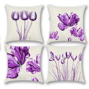 Outdoor Spring Floral Pillow Covers 18x18, Purple Living Room Couch Sofa Tulip Flower Pillow Garden Cushion Covers Summer Cushion Case for Home Secoration, 4 Pack