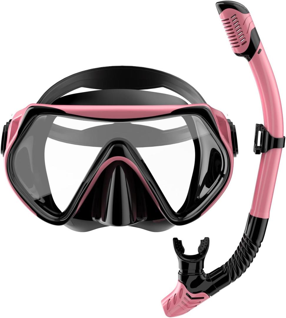 Snorkeling Gear for Adults, Dry-Top Snorkel Set Scuba Diving mask (Pink)