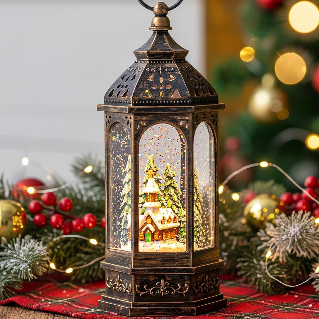Christmas Snow Globe Lantern Lighted Holiday Village Church with Music& Timer, USB Lined/Battery Operated Lighted Lantern for Christmas Festival Decoration Gifts (10.5'' Churches)