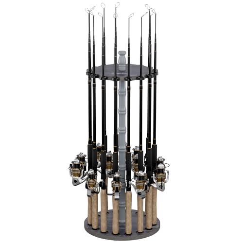 Rush Creek Creations 16-Rod Round Fishing Rod Holder for Garage, 360° Access Fishing Pole Holder for Fishing Rods, Reels, and Gear, Securely Holds 16 Rods, Barnwood