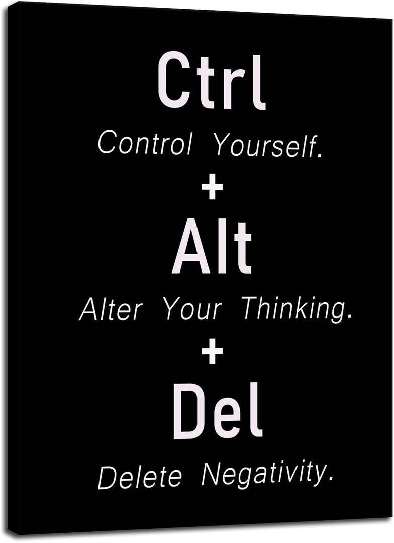 Inspirational Canvas Poster CTRL ALT DEL Signs Motivational Wall decor Printed Artwork Positive Quotes For Office School Living Room Framed [24" W X 36" H]