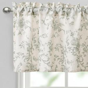 JIUZHEN Thick Textured Linen Floral Valance for Kitchen/Living Room/Bedroom Window, Rod Pocket French Farmhouse Light Filtering Valance Curtain, Green Rose, 52 x 18 Inches, 1 Panel