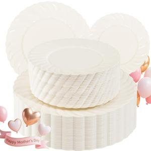 U-QE 100 Piece Ivory Scalloped Plastic Plates for Party - Plastic Plates Disposable Heavy Duty - High End Disposable Plates for Party Including 50PCS 9'' & 50PCS 6.5'' (Ivory)