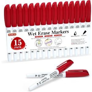 Shuttle Art Wet Erase Markers, 15 Pack Red 1mm Fine Tip Smudge-Free Markers, Use on Laminated Calendars, Overhead Projectors, Schedules, Whiteboards, Transparencies, Glass, Wipe with Water