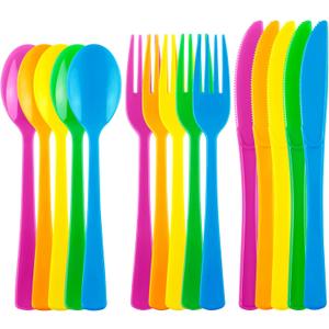 Kochorie 300 Pieces Graduation Rainbow Plastic Silverware, Disposable Colorful Utensils, Neon Plastic Silverware Cutlery Set Heavyweight Flatware Includes Spoons Forks Knifes for Birthday Party Dinner