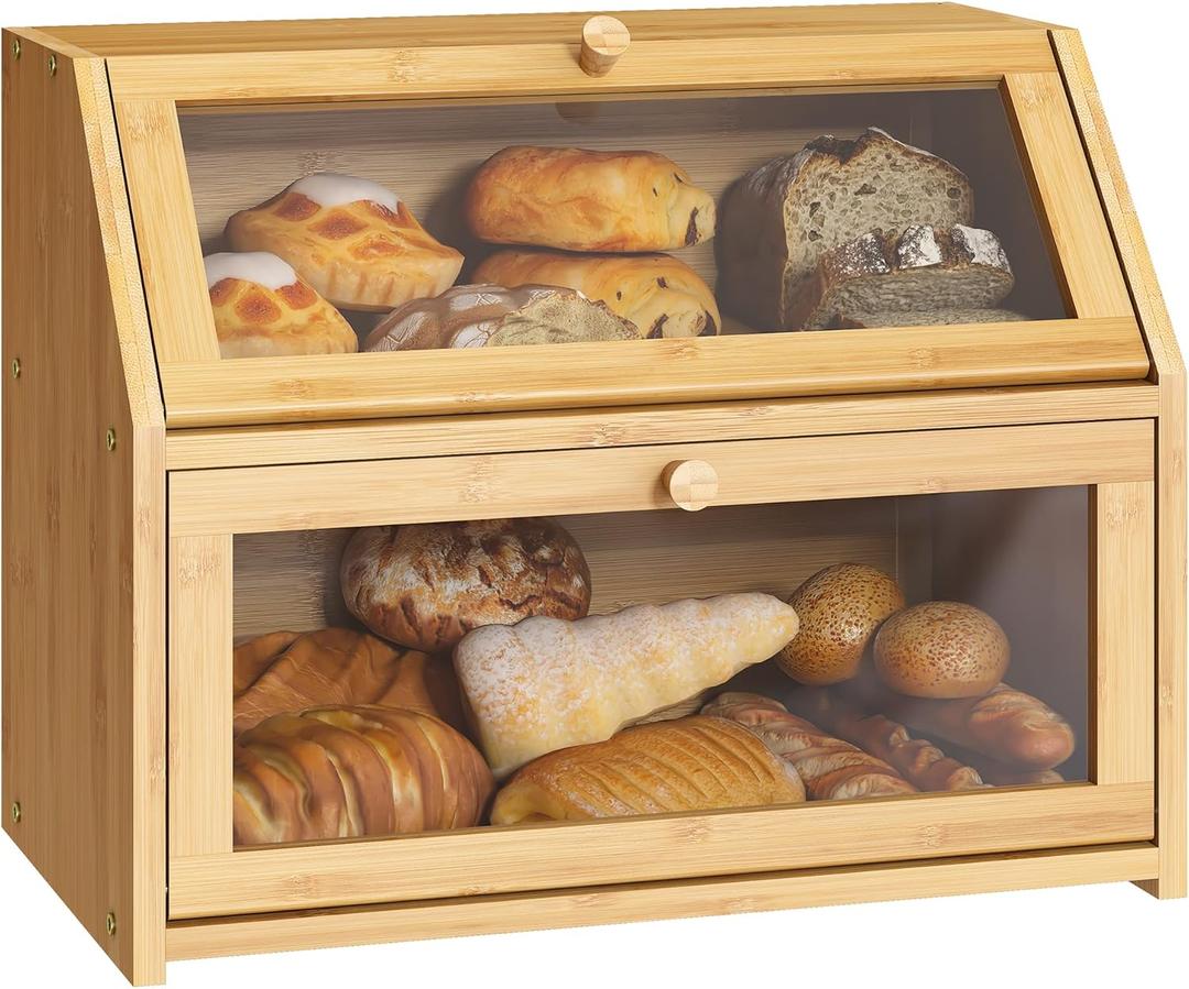 Farmhouse Bread Box for Kitchen Countertop Bread box Double Layer Bamboo Wooden Extra Large Capacity Bin Kitchen Food Storage Container, (Natural)