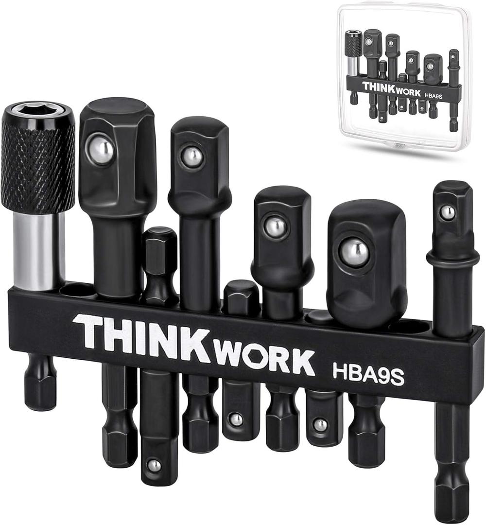 THINKWORK Impact Socket Adapter Set, 1/4" 3/8" 1/2" Drill Socket Adapter Set with 1/4" Hex Shank for Impact Power Driver, Cordless Drill & Screwdriver