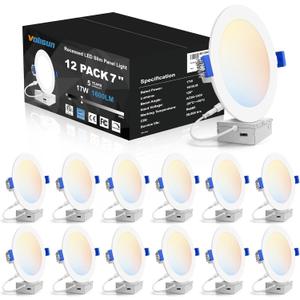 VOLISUN 12 Pack 7 inch Recessed Lighting, 5CCT LED Recessed Light with Junction Box, 2700K-5000K Selectable, Dimmable Canless Wafer Downlight, LED Ceiling Light ETL Certificated, White 