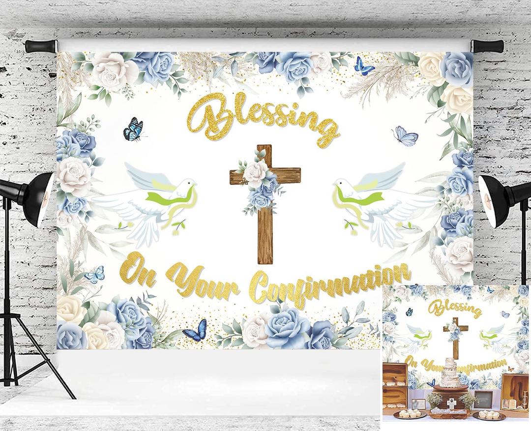 Blessing On Your Confirmation Backdrop God Bless Photography Background First Communion Baptism Christening Bridal Shower Party Banner (8x6FT240x180cm)