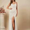 Womens V-Neck Satin High Slit Backless Maxi Dress Cross Front Ruched Adjustable Spaghetti Strap Bridesmaid Dress (Beige, XL)