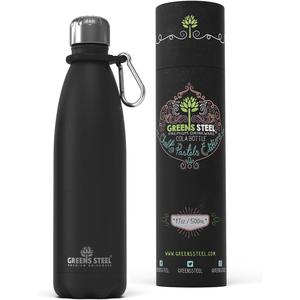Greens Steel Stainless Steel Water Bottle - 17 oz, Black | Vacuum Insulated Double Wall with Screw Lid/Leak Proof | Thermal Travel Sports Canteen Coffee Flask