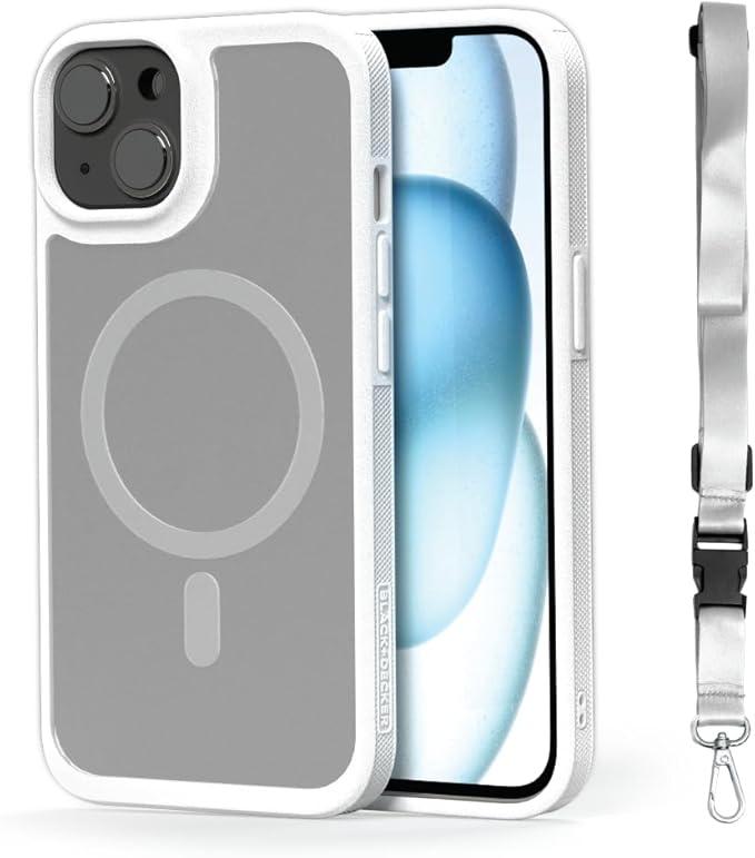 BLACK+DECKER for iPhone 15 Case, Compatible with MagSafe, Shockproof Military-Grade Protection, Magnetic Phone Case for iPhone 15 Pro, White (Changeable Buttons & Lanyard)