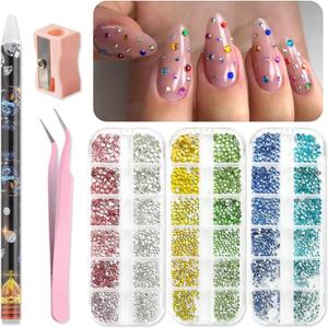Nail Art Rhinestones Kit Colorful Gems Flat-back Round Glass Crystals with Pick Up Tweezers and Nail Rhinestone Picker Tools Manicure DIY Crafts Decorations Accessories (Multicolor)
