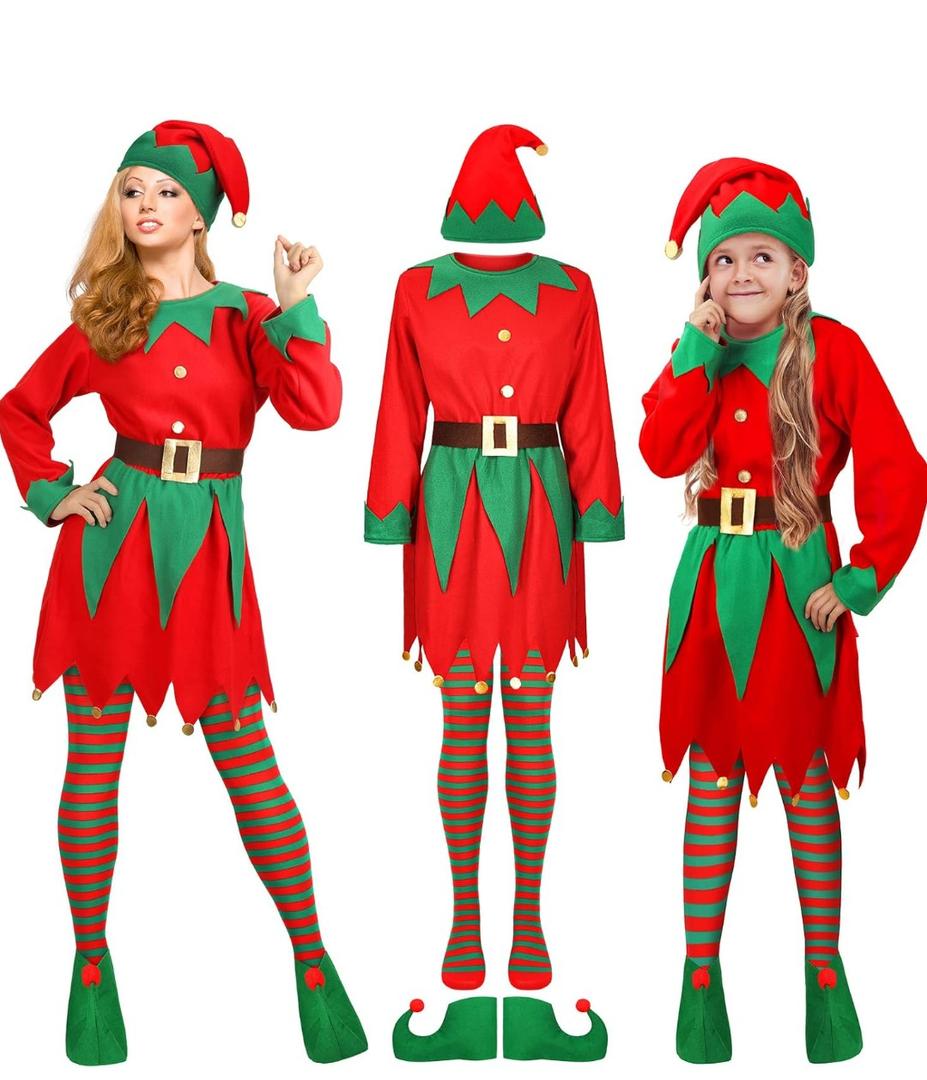 Newcotte Christmas Elf Costume Set Women Costume Suit Hat Dress Stocking Shoe Belt Xmas size XL