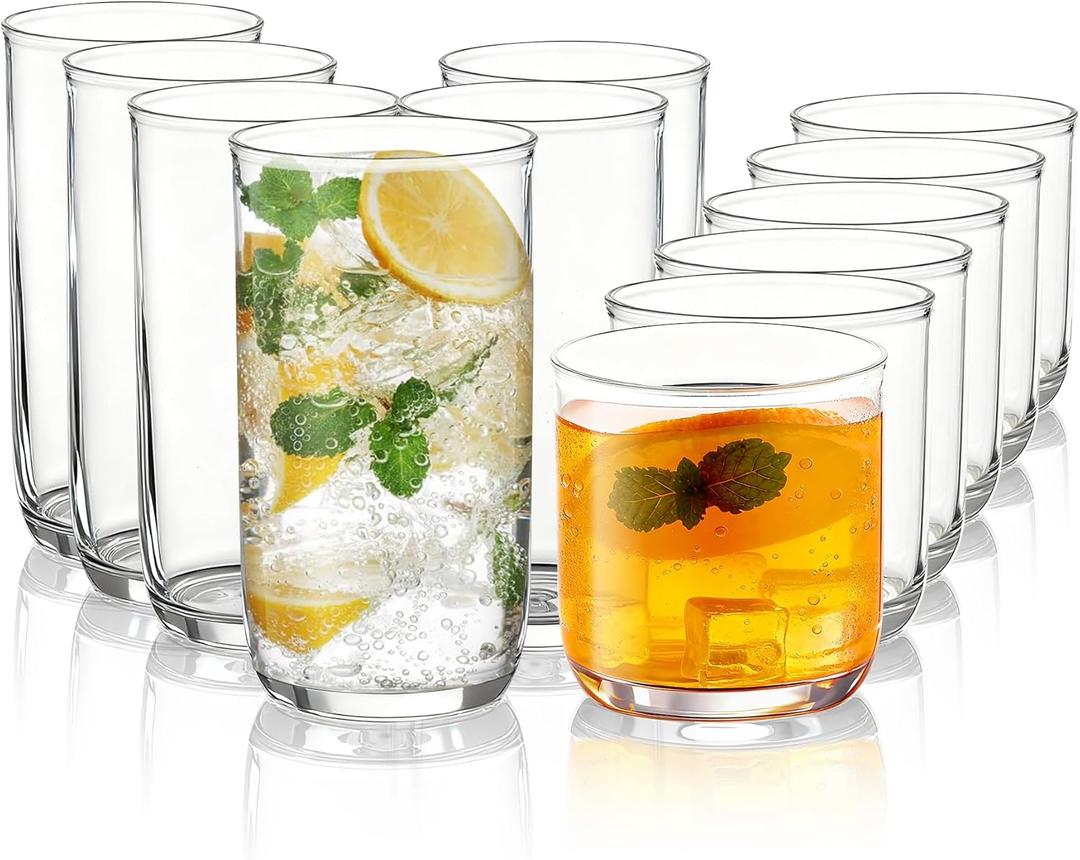 Kyraton Drinking Glasses Set of 12, PET Clear Plastic Highball Glasses 14oz & Whisky Cocktail Glasses Set 11.5oz, Heavy Duty Unbreakable Water Glasses Cup Tumbler Glassware for Beer, Juice, Milk