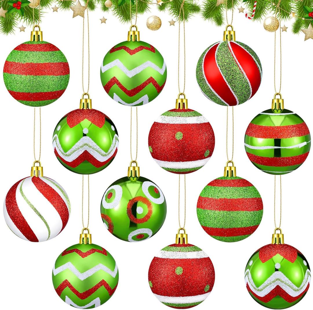 24 Pcs Glitter Christmas Tree Ball Ornaments Red and Green Christmas Tree Decoration 2.36 Inches Elf Lime Green Christmas Hanging Ornaments Plastic Stripe Dot Christmas Decorations for Home Indoor (Multi Color)