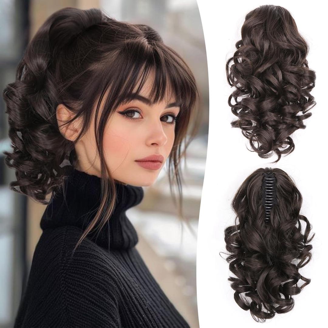 Claw Clip Ponytail Extension - 12 Inch Curly Ponytail Extension, Wavy Pony Tails Hair Extensions, Synthetic Hair Extensions Ponytail, Clip On Ponytails for Women (Dark Brown)