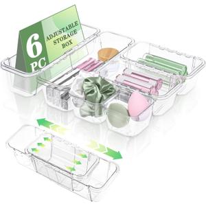 6 Pcs Clear Drawer Organizer, Adjustable Storage Bins (2 Sizes), Desk and Dresser Organizers for Makeup, Cosmetics, Kitchen Utensils, Bedroom, and Gadgets (4 Medium + 2 Small)